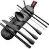 KITOME Portable Utensils, Travel Camping Cutlery Set, 8-Piece Including Knife Fork Spoon Chopsticks Cleaning Brush Straws Portable Case, Stainless Steel Flatware Set (Black) - Image 3