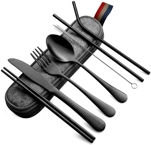 KITOME Portable Utensils, Travel Camping Cutlery Set, 8-Piece Including Knife Fork Spoon Chopsticks Cleaning Brush Straws Portable Case, Stainless Steel Flatware Set (Black)