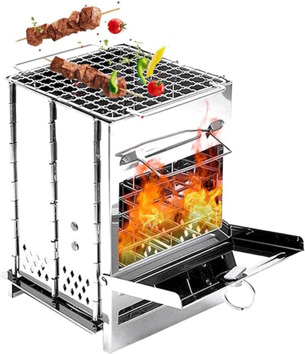 GION Camping Stove, Camp Wood Burning Stove & Grill Portable Stainless Steel Stove for Outdoor Hiking Picnic BBQ with Storage Bag (1Pcs) (Large – 20 x 20 x 27 cm)