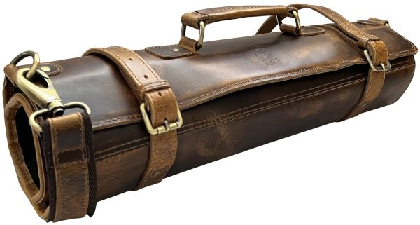 RUSTIC TOWN Full Grain Leather Chef Knife Roll All Purpose Chef Roll (Large, Brown)