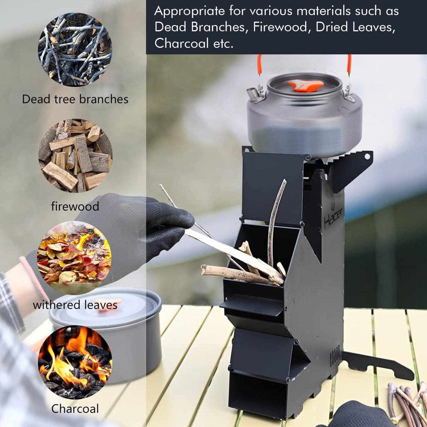 Hacer Rocket Stove Portable Wood Mini Burning Chulha with Large Fuel Chamber Carry Bag Fire Poker & Safety Hand Gloves for Outdoor Cooking Camping Picnic - Set of 1