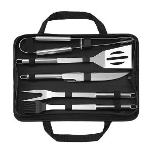 Whitecloud TRANSFORMING HOMES 5 Pcs Stainless Steel Barbecue BBQ Tool Kit Set Barbecue Cooking Helping Accessories with Storage Bag