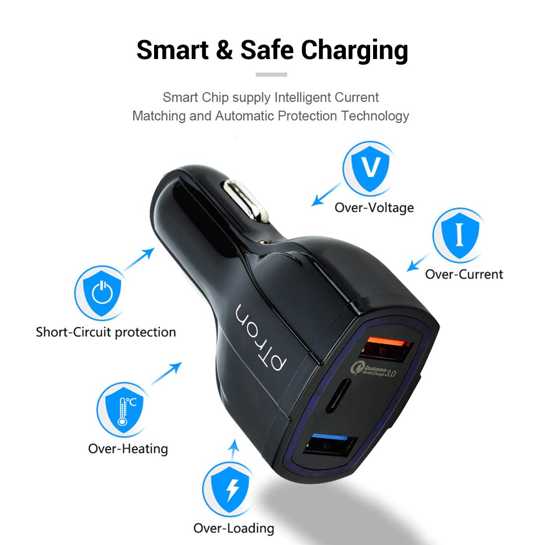 pTron Bullet Pro 36W Type-C/PD 3 Port Fast Car Charger Adapter, Compatible with All Smartphones, Tablets & Other USB Powered Devices (Black) - Image 7
